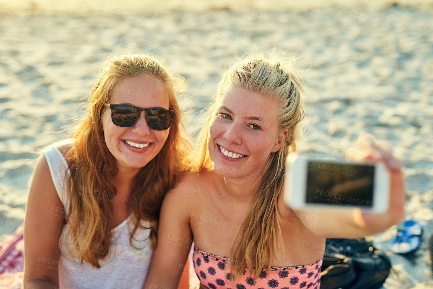 Buy stock photo Smile, woman and friends with selfie at beach for summer vacation, bonding and photography of travel memory. Happy, people together and social media post of profile picture update or tropical holiday