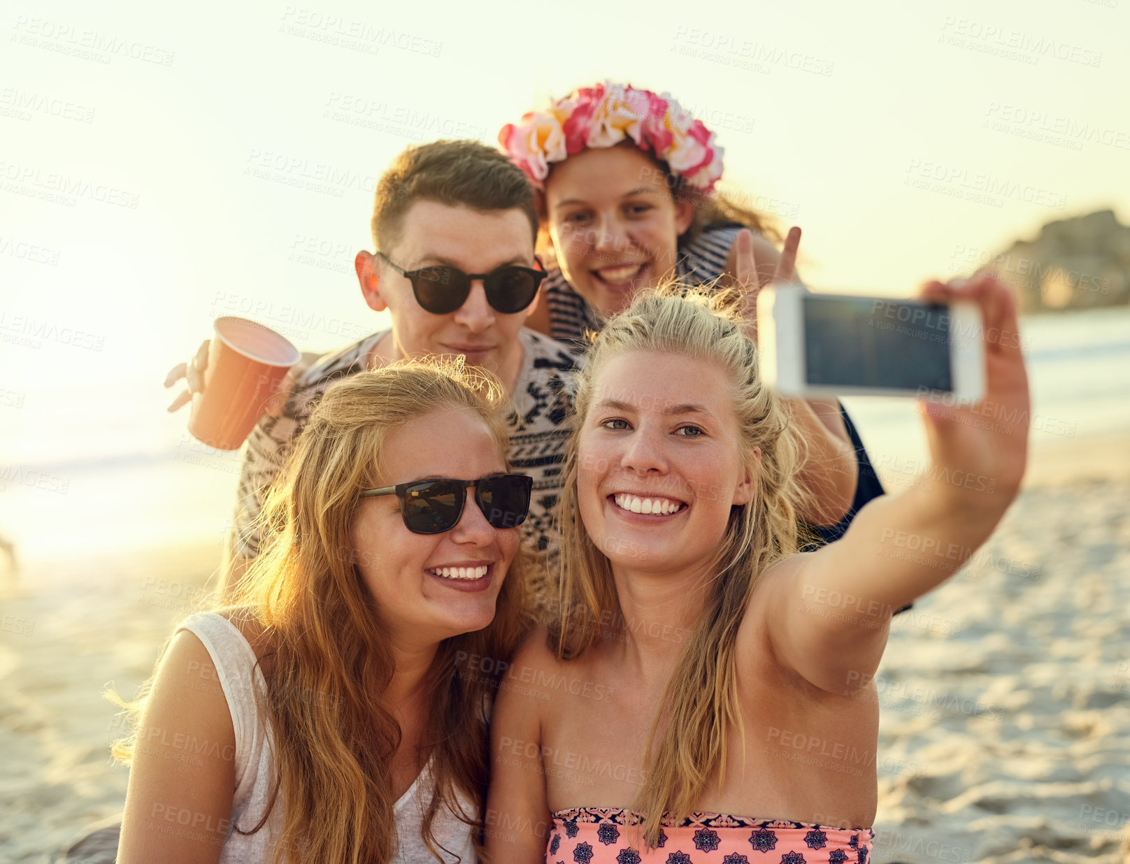 Buy stock photo Happy, group and friends with selfie at beach for summer photography, social media post and travel bonding. Smile, people and profile picture update, reunion memory and sunglasses for ocean vacation