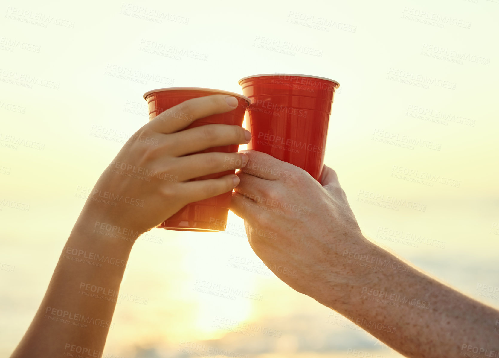 Buy stock photo Hands, drinks and beach with friends toast at sunset party for summer, vacation or holiday in nature together. Cheers, alcohol or celebration with people, bonding and drinking by ocean or Miami sea