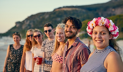 Buy stock photo Portrait, group and friends with smile at beach for summer vacation, bonding and travel together in Miami. Happy, people and reunion party with sunshine, flower crown and celebrate of tropical island