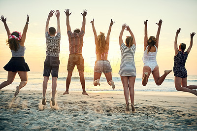 Buy stock photo Back, jump and bonding of friends, beach and fun in summer, air and freedom of holiday, energy and group. Travel, outdoor and people in vacation, ocean and tourism in nature, water and adventure