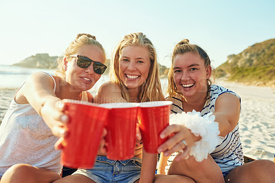 Buy stock photo Friends, drinks and beach with portrait toast at party hangout for summer, vacation or holiday in nature together. Cheers, alcohol or celebration with women, bonding and drinking by Miami ocean