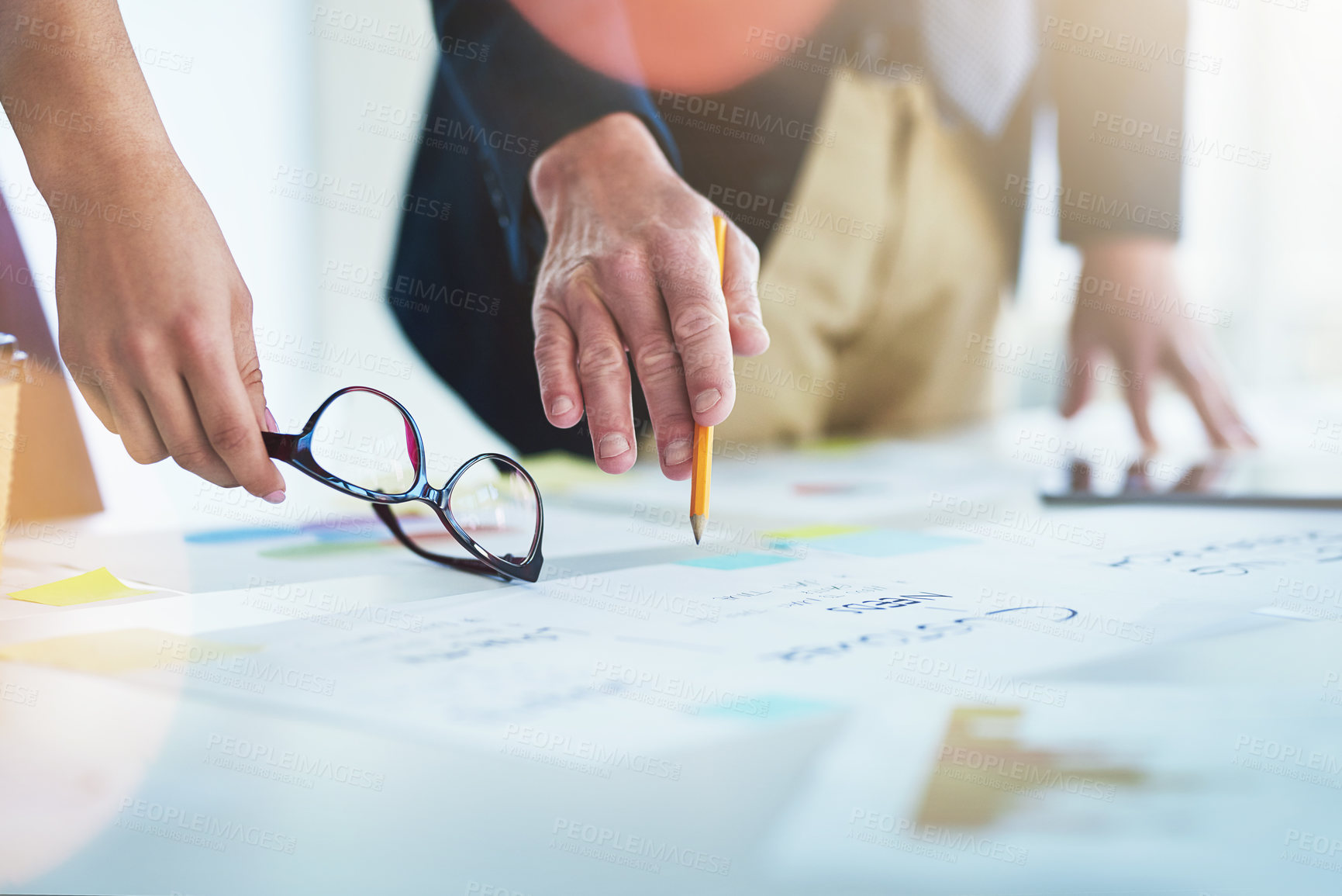 Buy stock photo Hands, people and office with documents for strategy, feedback and report on company growth. Business, employees and paperwork with teamwork or collaboration for project planning in boardroom