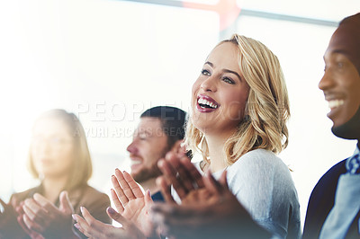 Buy stock photo Applause, success and seminar with business woman for support, teamwork and event celebration. Wow, winner and target with audience clapping in meeting for goal, motivation and agreement