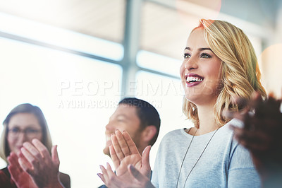 Buy stock photo Applause, success and winner with business woman for support, teamwork and event celebration. Wow, seminar and target with audience clapping in conference meeting for goal, motivation and agreement
