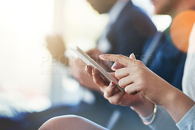 Buy stock photo Business woman, hand and phone in a meeting or conference while typing for notes or communication. Female entrepreneur in seminar or workshop audience with a smartphone for research or to check email