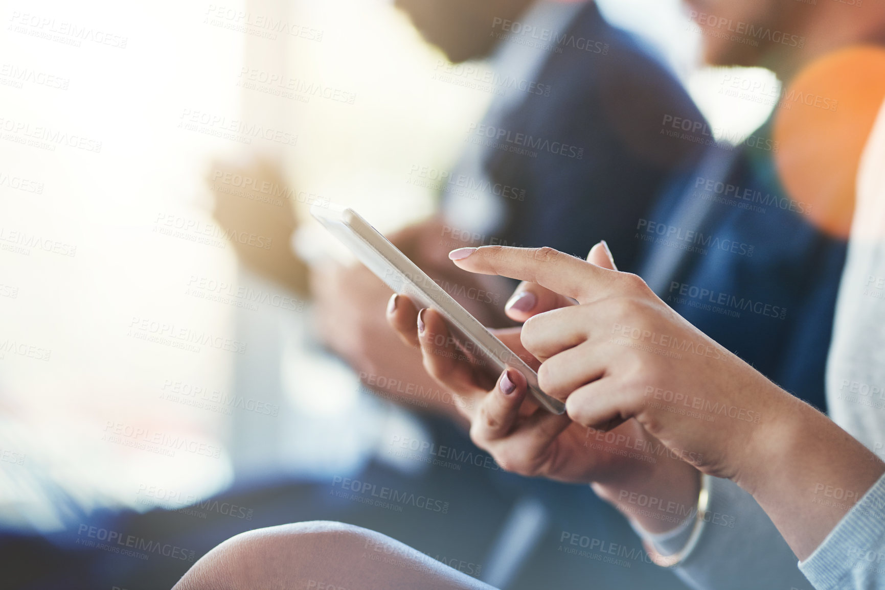 Buy stock photo Business woman, hand and phone in a meeting or conference while typing for notes or communication. Female entrepreneur in seminar or workshop audience with a smartphone for research or to check email