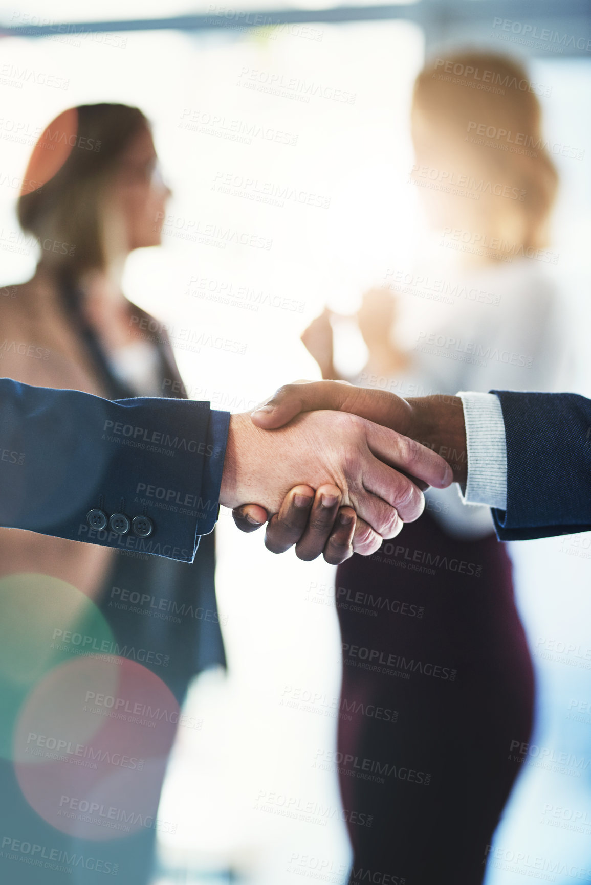 Buy stock photo Employees, office and handshake for welcome or greeting and congratulations on business deal and opportunity. People, thank you and success with partnership, support and teamwork for collaboration