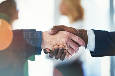 Buy stock photo Business people, closeup and shaking hands in agreement with human resources, b2b deal or welcome for hiring. Team building, handshake and connect for synergy, trust and partnership in collaboration