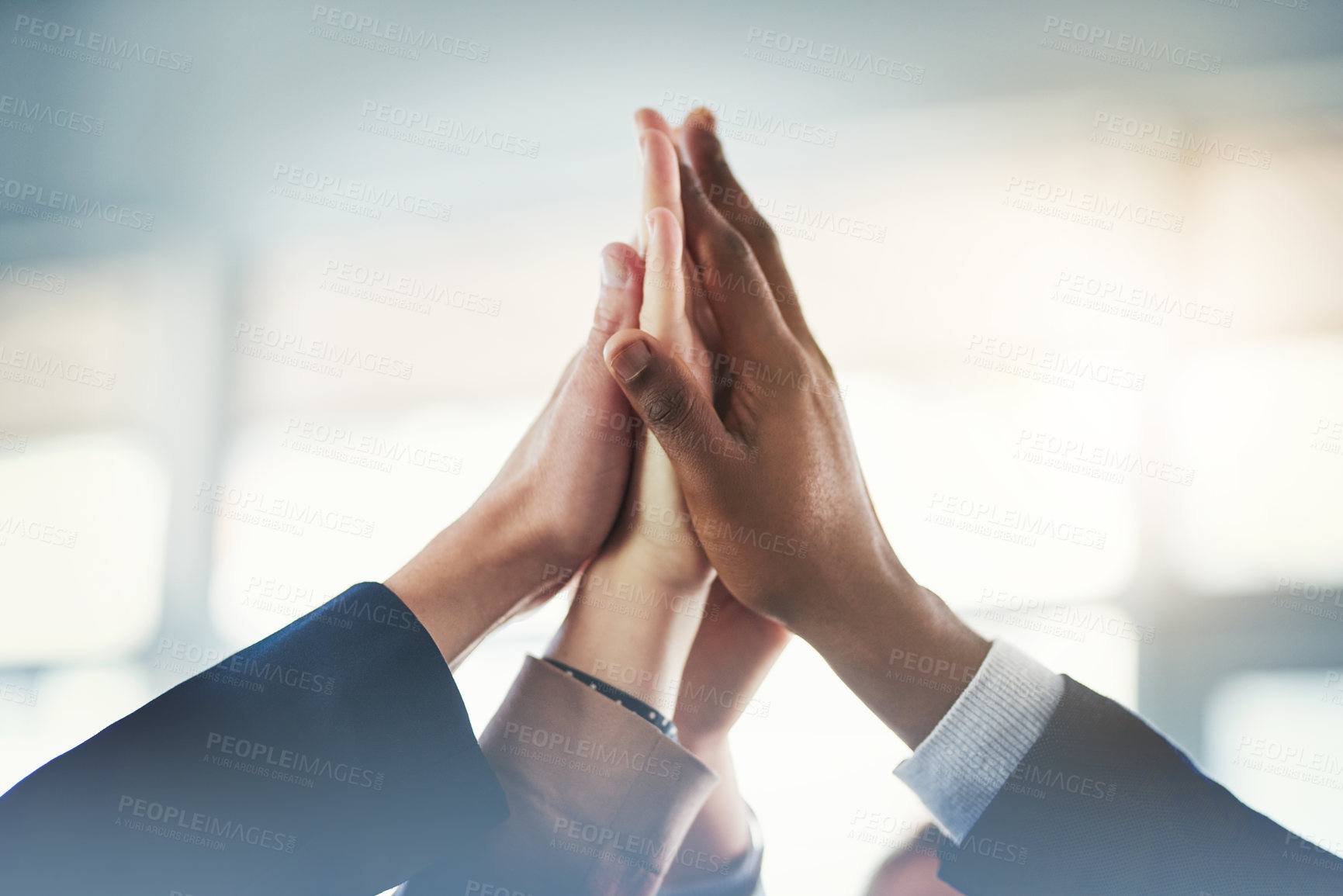 Buy stock photo Business people, closeup high five and group for teamwork, support or mission for goal in insurance company. Team building, hands and connection with synergy, solidarity or collaboration in workplace