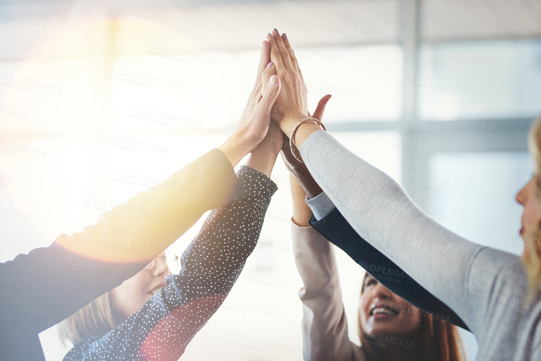 Buy stock photo Business people, group high five and motivation for collaboration for support, trust or goal in insurance company. Team building, hands and connection for synergy, teamwork or solidarity in workplace