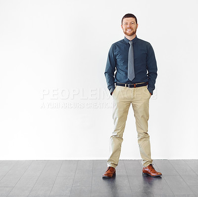 Buy stock photo Business casual, mockup or smile and portrait of man on studio white background with wooden floor. Confident, employment and space with happy design person in work outfit for start of creative career