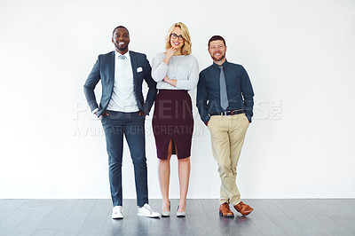 Buy stock photo Diversity, portrait of colleagues and against a white background happy together standing. Teamwork or collaboration, corporate and coworkers or group of friends stand with pose in studio backdrop