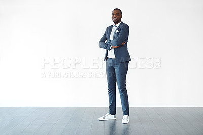 Buy stock photo Studio shot of a businessperson standing against a white background