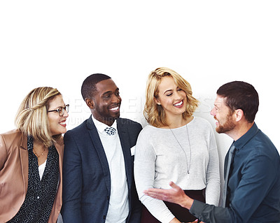 Buy stock photo Cropped shot of a group of confident entrepreneurs talking against a white background