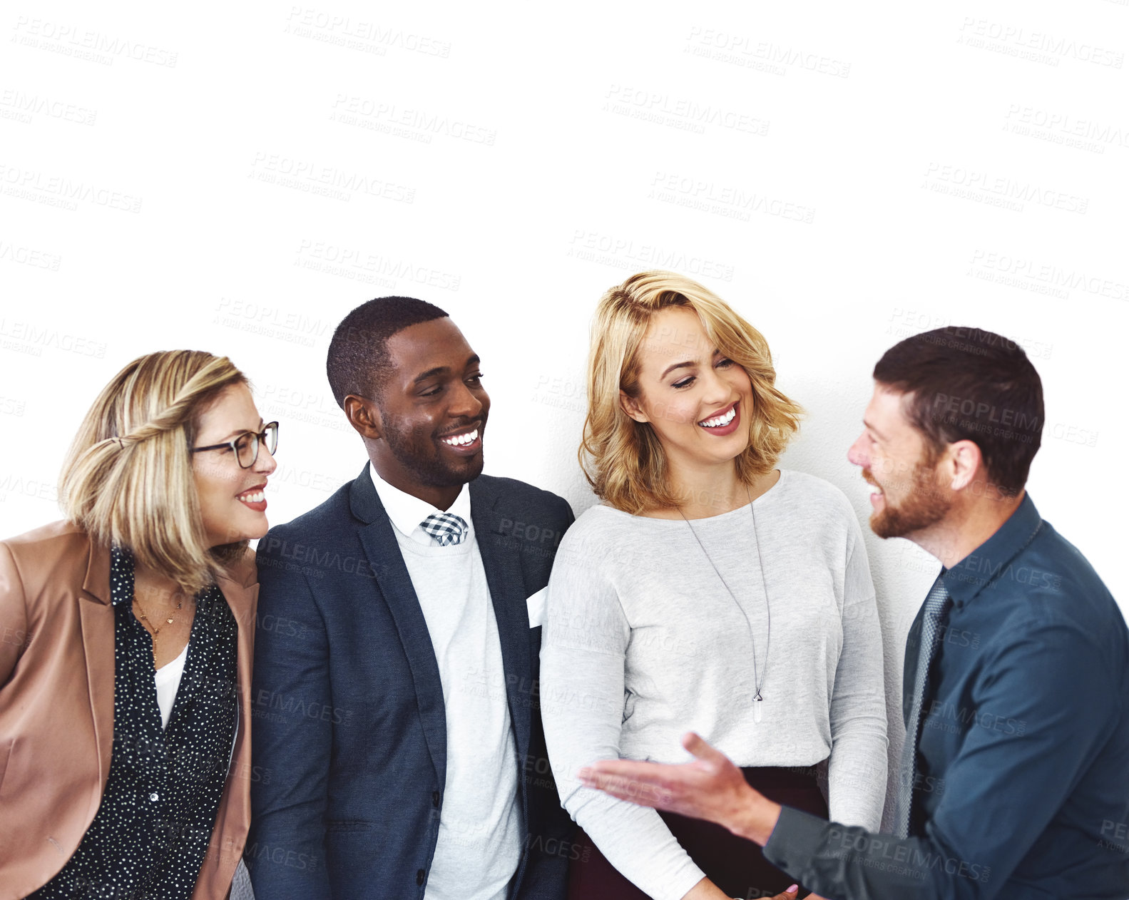Buy stock photo Cropped shot of a group of confident entrepreneurs talking against a white background