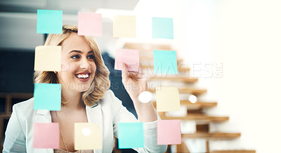 Buy stock photo Happy business woman, brainstorming and sticky note for planning target, goals and agenda at glass window. Face of female worker smile for schedule, ideas and mindmap of vision, objectives and mockup