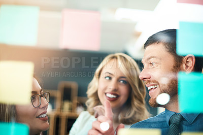 Buy stock photo Happy business people, brainstorming and glass for agenda, feedback and target ideas in office. Group of employees planning collaboration, schedule and discussion of sticky note goals at window 