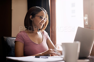 Buy stock photo Happy, writer and working on laptop in home office on article or typing online with creative project. Writing, news and post update on journalism story with productivity on computer from apartment