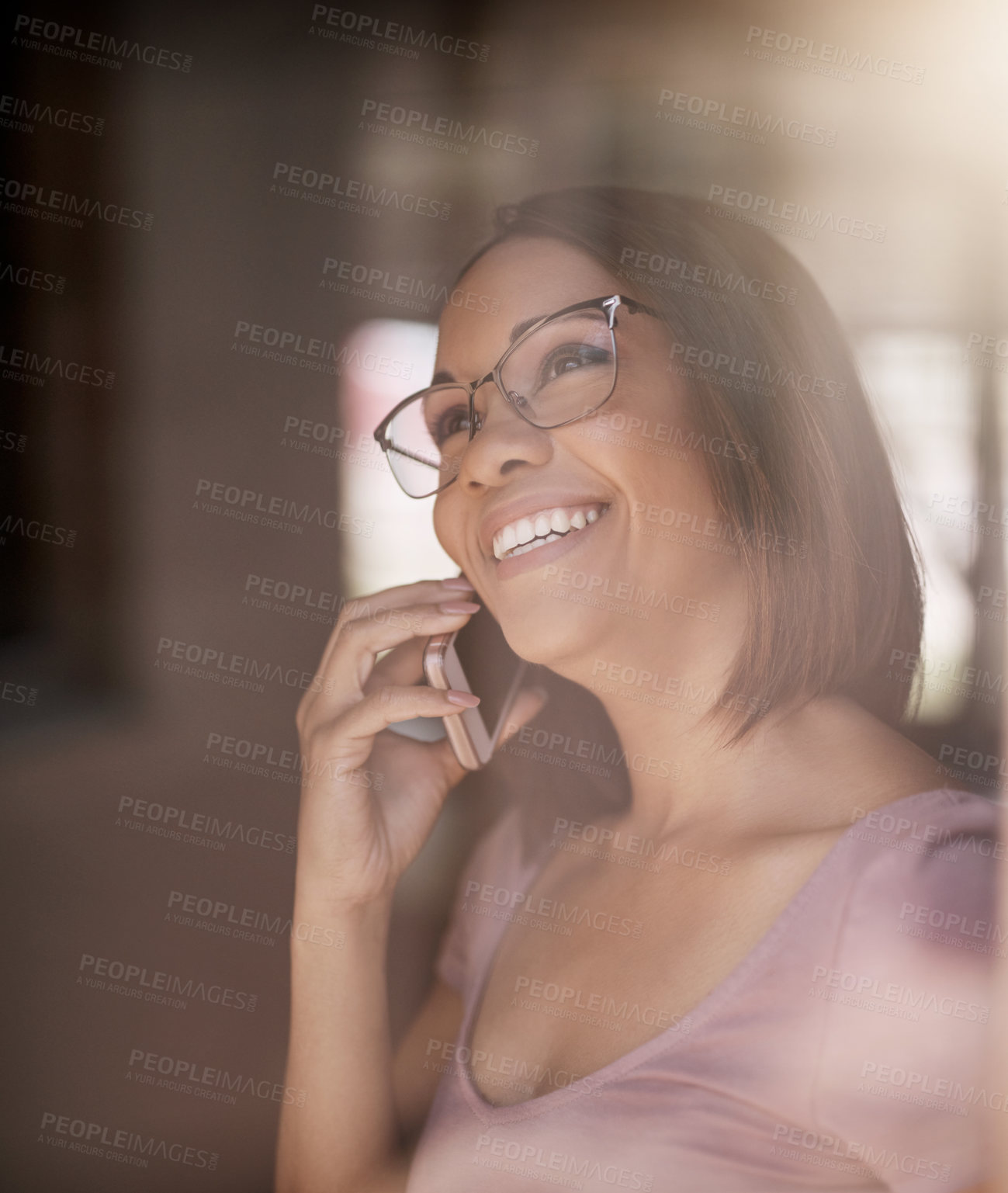 Buy stock photo Woman, smile and phone call in house with conversation for talking, happiness and glasses. Smiling person, thoughtful and speaking with mobile by home window for discussion, smartphone and eyewear