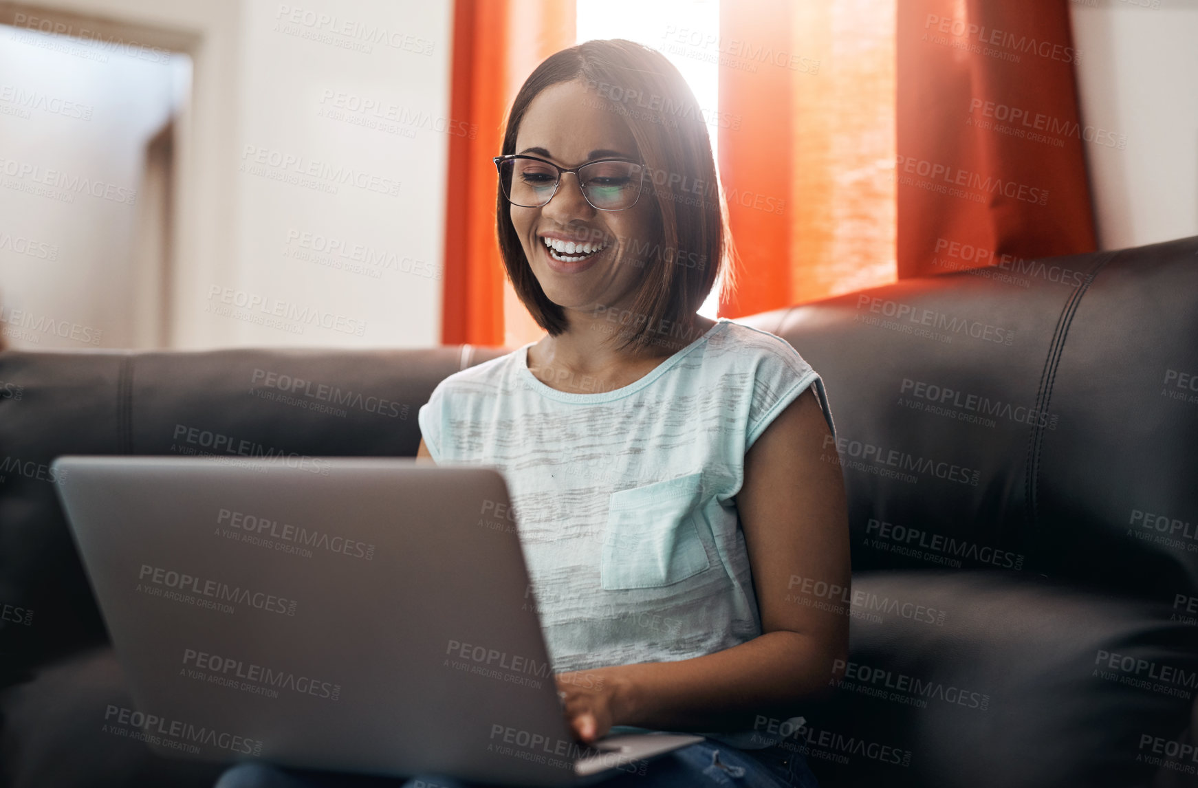 Buy stock photo Home, smile and woman with a laptop, couch and typing with connection, network and online reading. Female person, freelancer and entrepreneur with pc, technology and lady search internet and website