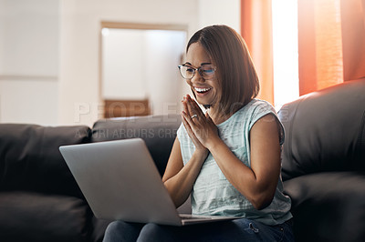 Buy stock photo Home, excited and woman with a laptop, couch and happiness with website launch, connection and joy. Female person, girl or freelancer on a sofa, pc or technology with announcement, internet and email