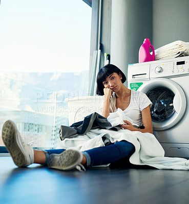 Buy stock photo Washing machine, laundry and portrait of bored woman cleaning clothes in home for hygiene. Chores, depression or tired person with stress for housework and housekeeping with fabric in basket in house