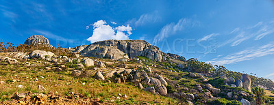 Buy stock photo Copy space with scenery of Lions Head at Table Mountain National Park in Cape Town, South Africa against a cloudy blue sky background. Panoramic of an iconic landmark and famous travel destination