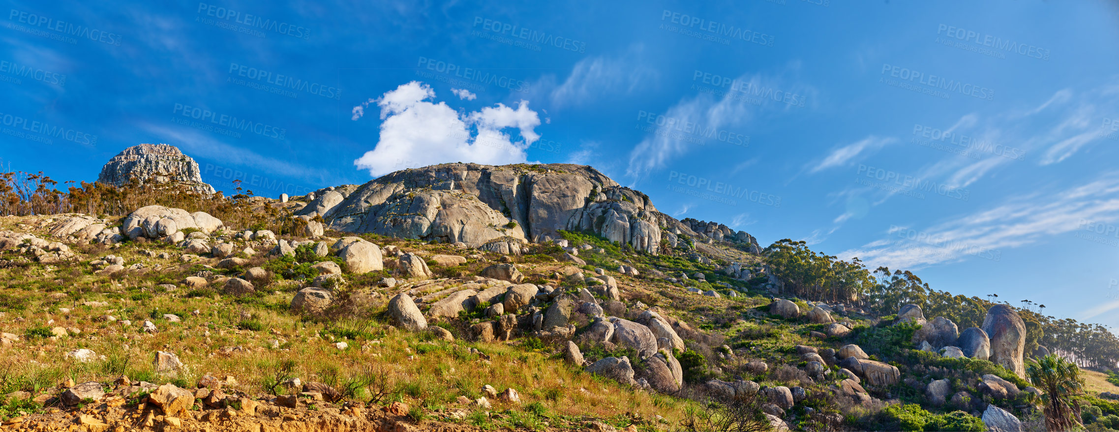 Buy stock photo Copy space with scenery of Lions Head at Table Mountain National Park in Cape Town, South Africa against a cloudy blue sky background. Panoramic of an iconic landmark and famous travel destination