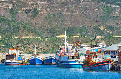 Buy stock photo Fishing boats in the harbor of Hout Bay - close to Cape Town, South Africa.
