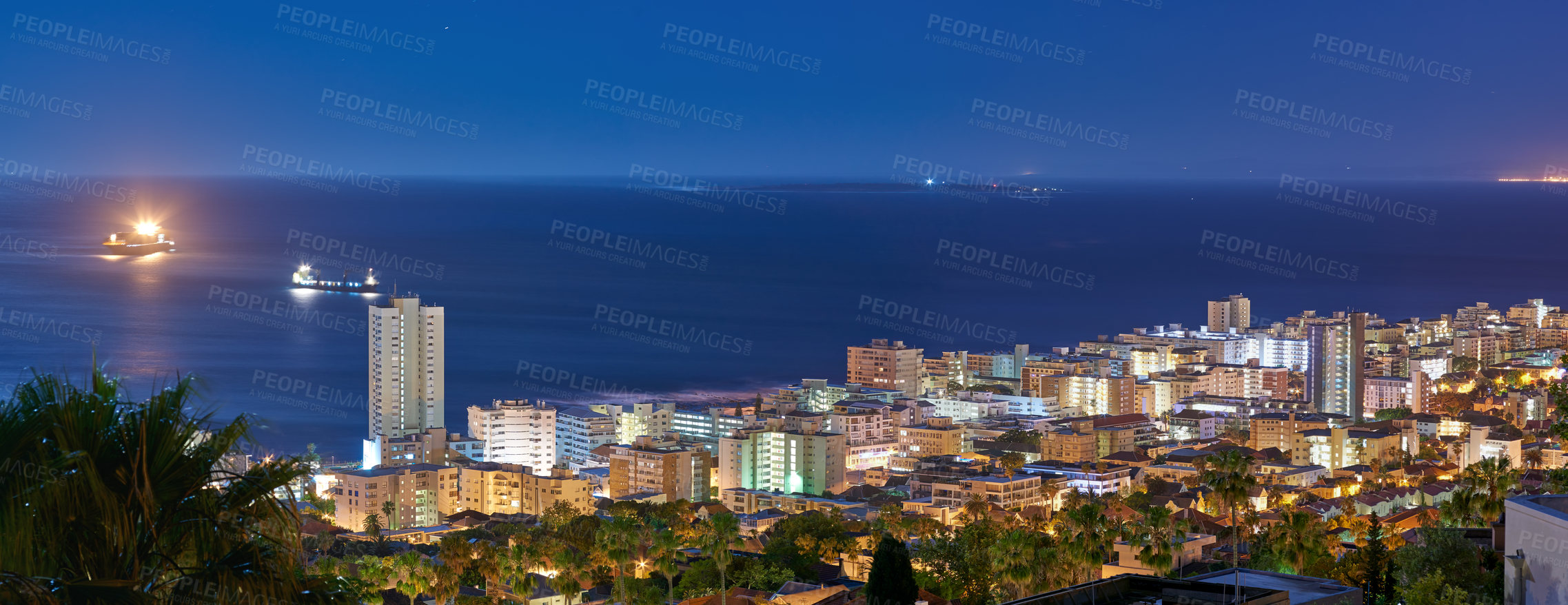 Buy stock photo Cityscape, buildings and urban landscape at night, skyline and location with architecture, landmark and travel. City, skyscraper and banner with Cape Town view, rooftop and tourism with destination