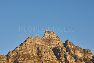 Buy stock photo Table Mountain, sky and outdoor with cableway, nature or mockup space for hiking in summer. National park, ride or transport for eco friendly tourism, environment or sustainability in South Africa