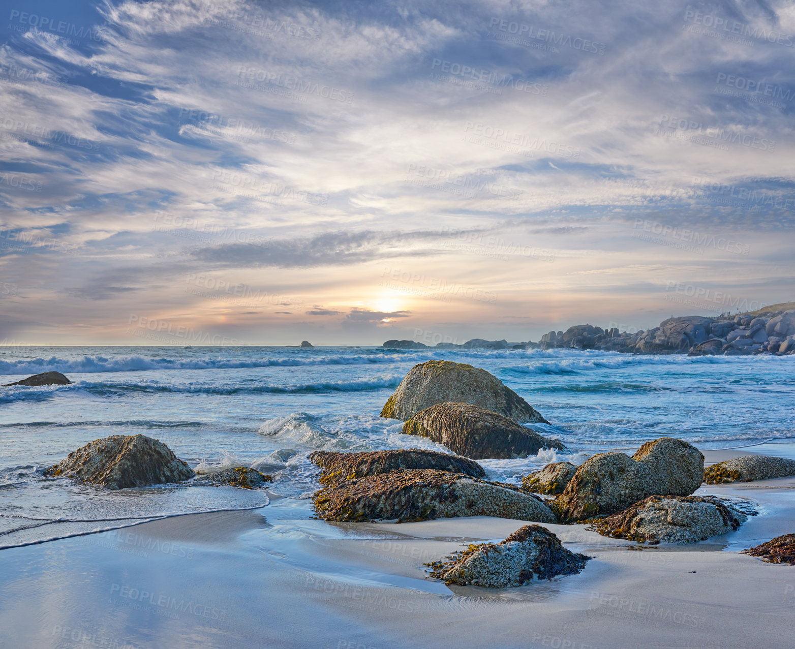 Buy stock photo Rocks, beach and landscape with travel and ocean, environment and holiday destination in South Africa. Coastal location, nature and outdoor with seascape and tropical adventure with sea waves