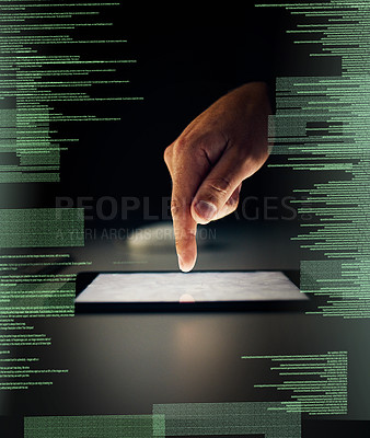 Buy stock photo Cropped shot of an unrecognizable man cracking a code using a tablet in the dark