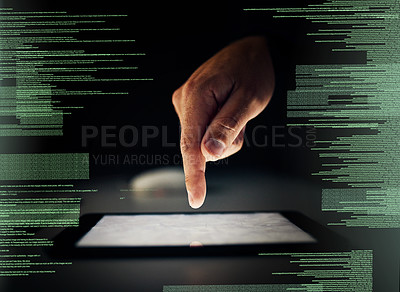 Buy stock photo Cropped shot of an unrecognizable man cracking a code using a tablet in the dark
