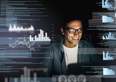 Buy stock photo Cropped shot of a young computer programmer looking through data in the dark