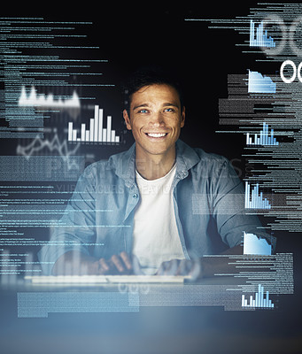 Buy stock photo Man, overlay and happy on computer with data analysis at night as employee for overtime and deadline for software. Business, male person and statistics with graphs, programming and processing info