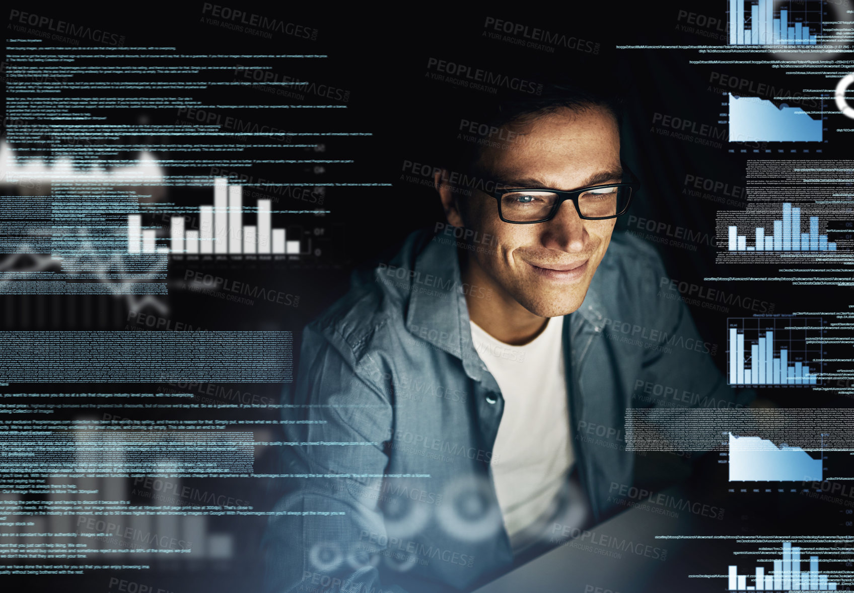 Buy stock photo Man, overlay and smile on computer with statistics at night as employee for overtime and deadline on software. Business, male person and data analysis with graphs, programming and processing info