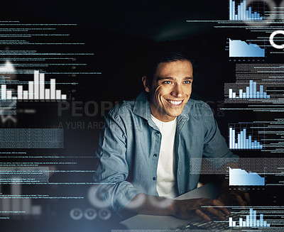 Buy stock photo Man, overlay and excited on computer with coding at night as employee for overtime and deadline with statistic. Business, male person and data analysis with graphs, programming and processing info