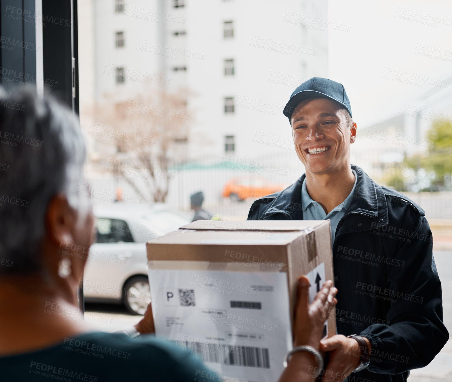 Buy stock photo Customer, box and delivery man giving package at home from courier company with friendly service. Logistics worker at door of woman or client with a parcel in cardboard for e commerce shipping