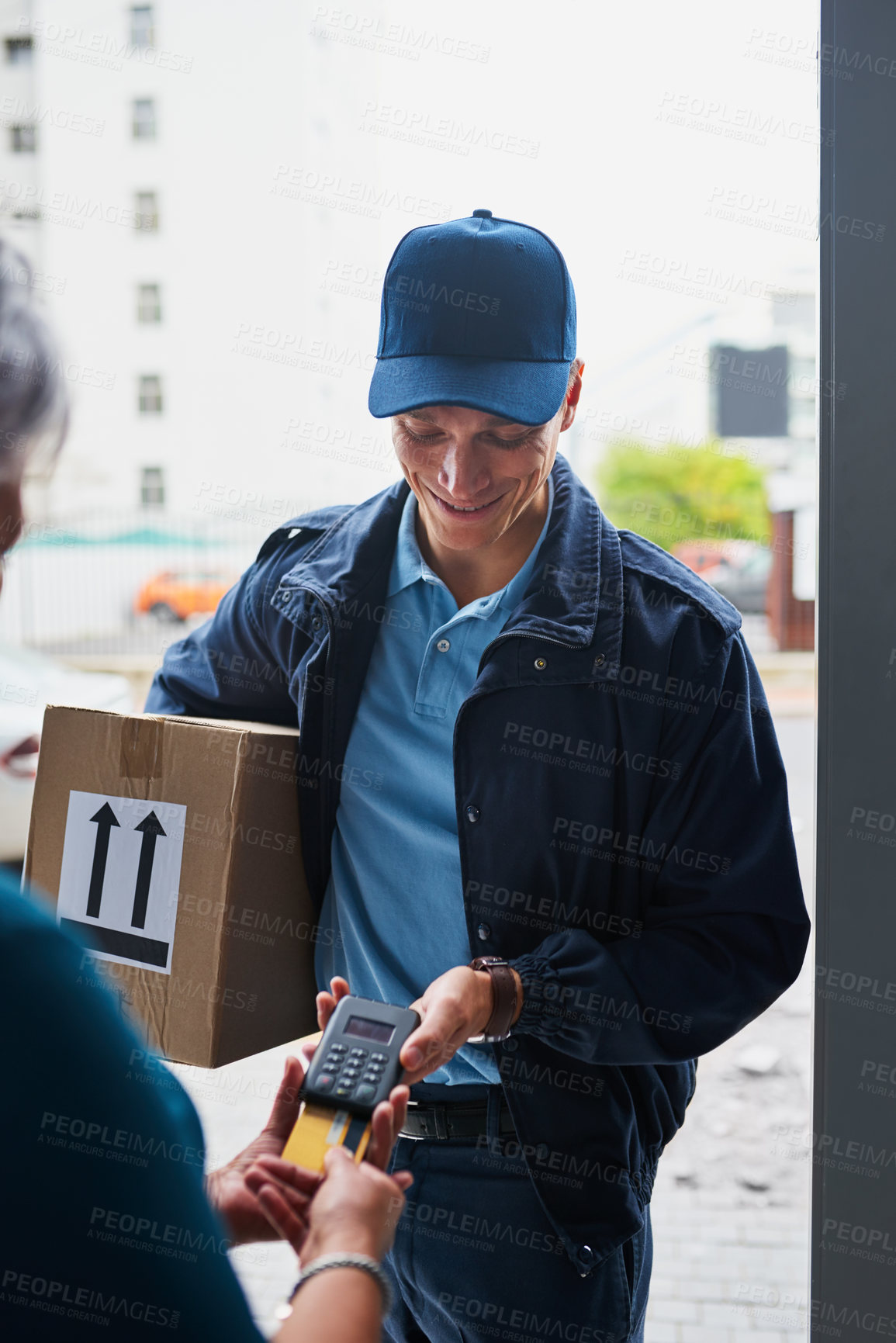 Buy stock photo Parcel, delivery man and person with credit card, payment and fintech for package distribution. Courier service, employee and customer for ecommerce, transaction and terminal machine at door in home