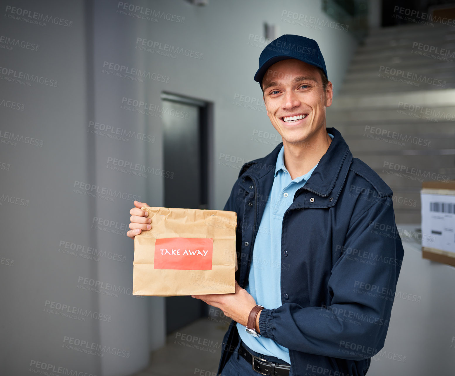 Buy stock photo Portrait, delivery and restaurant takeaway for online order, package and convenience for fast food parcel. Man, paper bag and distribution of meal or lunch service, takeout and courier for dinner