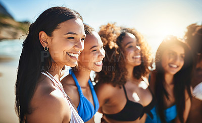 Buy stock photo Group, women and together on beach with smile for holiday, freedom in nature with friends. Female people, ocean and happiness for summer vacation in Costa Rica, celebrate for international travel