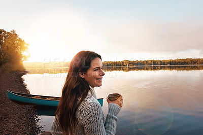 Buy stock photo Nature, river and woman with coffee to enjoy, sunrise and outdoor with smile in vacation and morning. Break, relax and girl with joy for inspiration in countryside of Finland with peace by lake