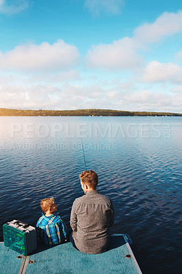 Buy stock photo Back view, father and child by lake for fishing in summer for vacation, together and relax in morning. Family, fisherman and kid by water for holiday, learning or gear for outdoor adventure with dad 