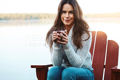 Buy stock photo Shot of an attractive young woman relaxing while on vacation