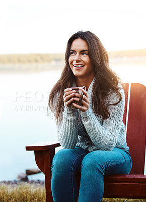 Buy stock photo Shot of an attractive young woman out for canoe ride on the lake
