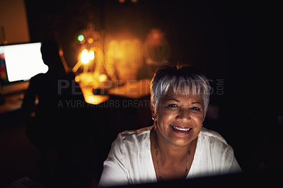 Buy stock photo Business, mature woman and portrait at night for online newspaper, digital story deadline and overtime in office. Journalist, employee and happy with press coverage and news report at media company