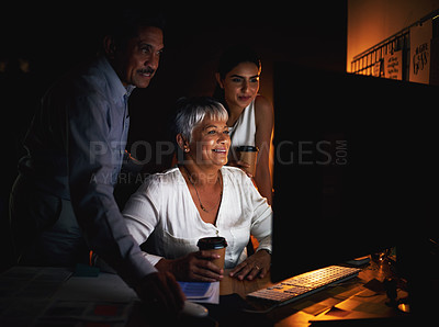 Buy stock photo Group, night and reading in office, people and happy for sales of ebooks, deadline and computer for project. Dark, publisher and employees with smile for profit on app, coffee and mature woman