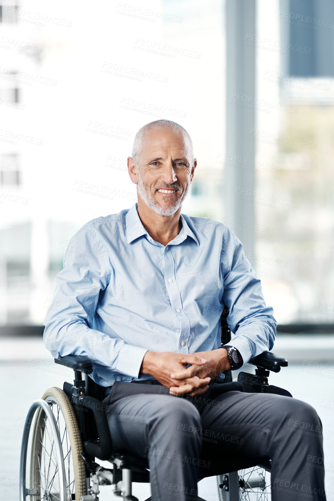 Buy stock photo Insurance, wheelchair and portrait of a man with a disability at a hospital for rehabilitation. Disabled, healthcare and a senior patient with a smile at a clinic for nursing and recovery care